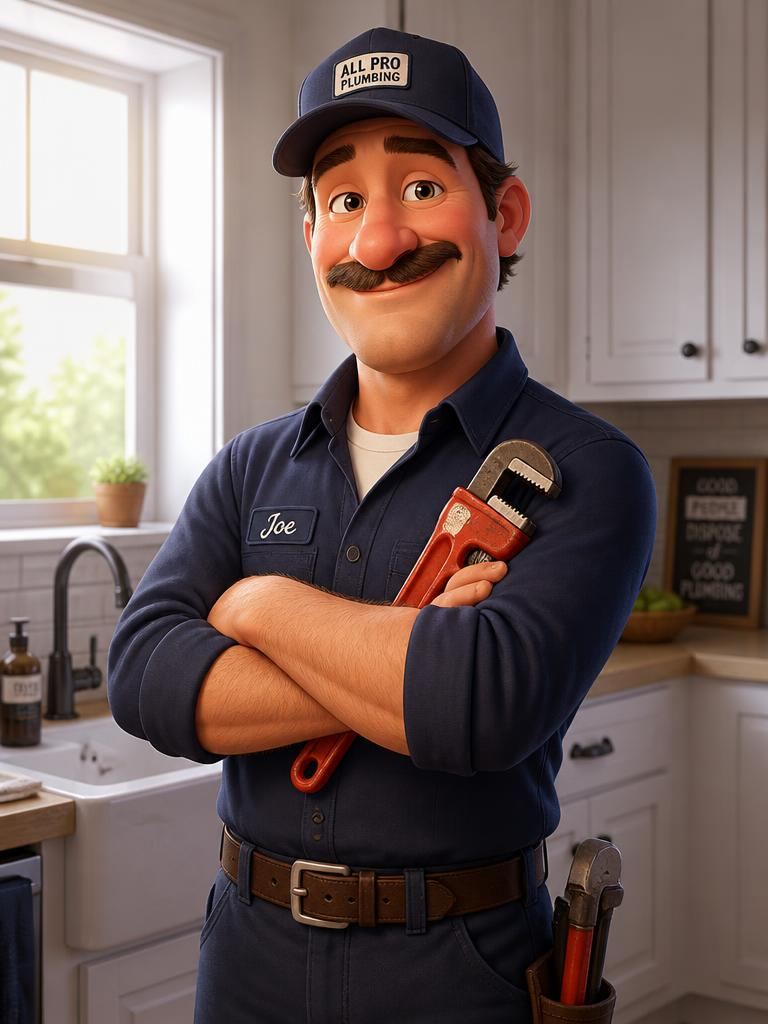 Animated 3D plumber in uniform holding a pipe wrench in a home kitchen