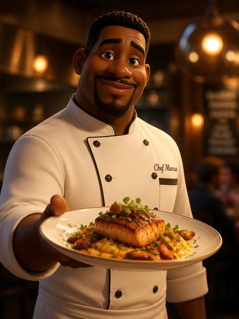 Animated 3D restaurant chef presenting a plated dish in a warm dining room