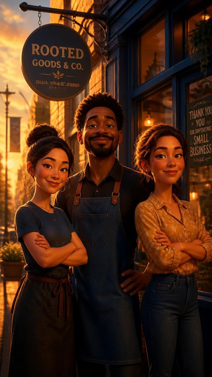Still frame from a vertical animated commercial showing three small business owners outside their storefront