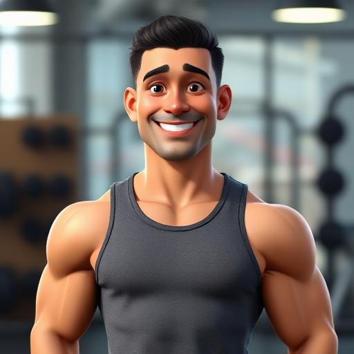 Animated 3D portrait of Coach Mike, a gym owner in a grey tank top