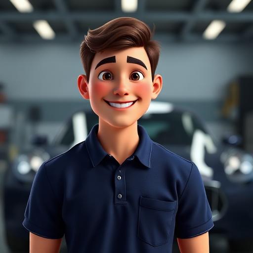 Animated 3D portrait of James P., an auto detailer in a navy work polo